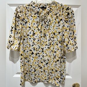 NWOT Ann Taylor Yellow Floral Smocked-Neck Blouse Keyhole Front Design